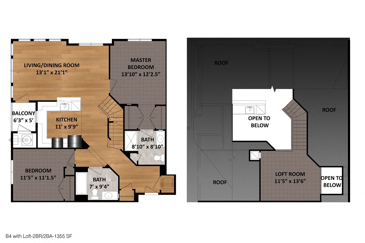 Floor plan for 2 beds, 2 baths, 1355 sqft